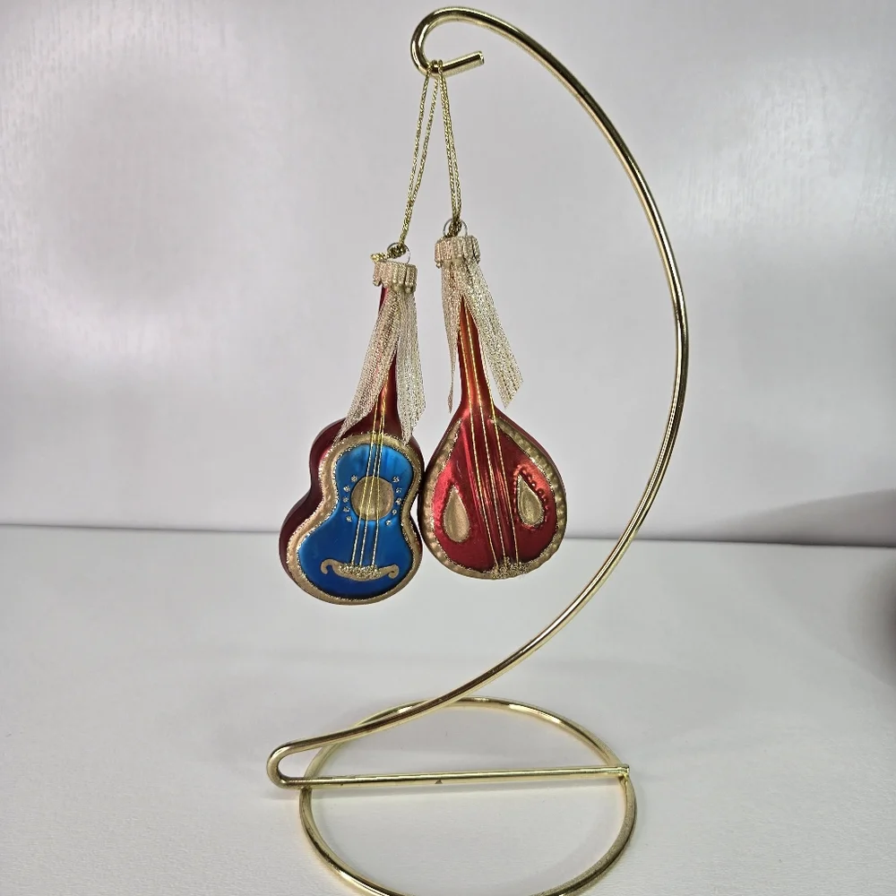 VTG Mercury Glass Hand Painted Mandolin Music Instruments Guitars ‎ Red Blue MCM
